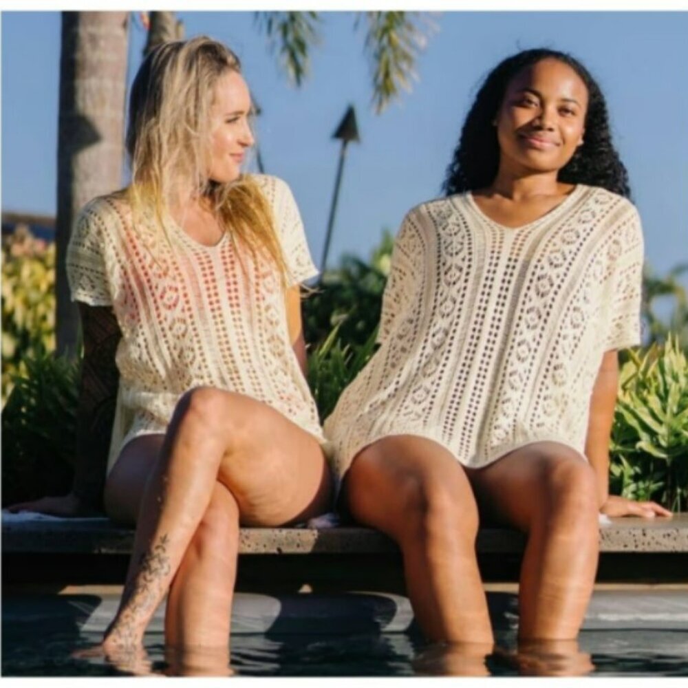 Zyia Swimwear Boho White Off Cream‎ V Neck Crochet Tassel Beach Cover Up Size M